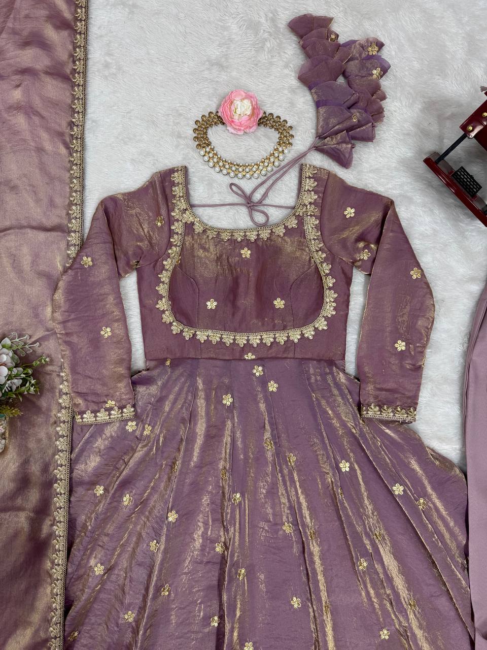 Designer Fandy Silk Embroidered Gown Set with Pant & Dupatta