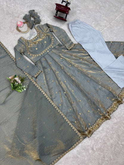 Designer Fandy Silk Embroidered Gown Set with Pant & Dupatta