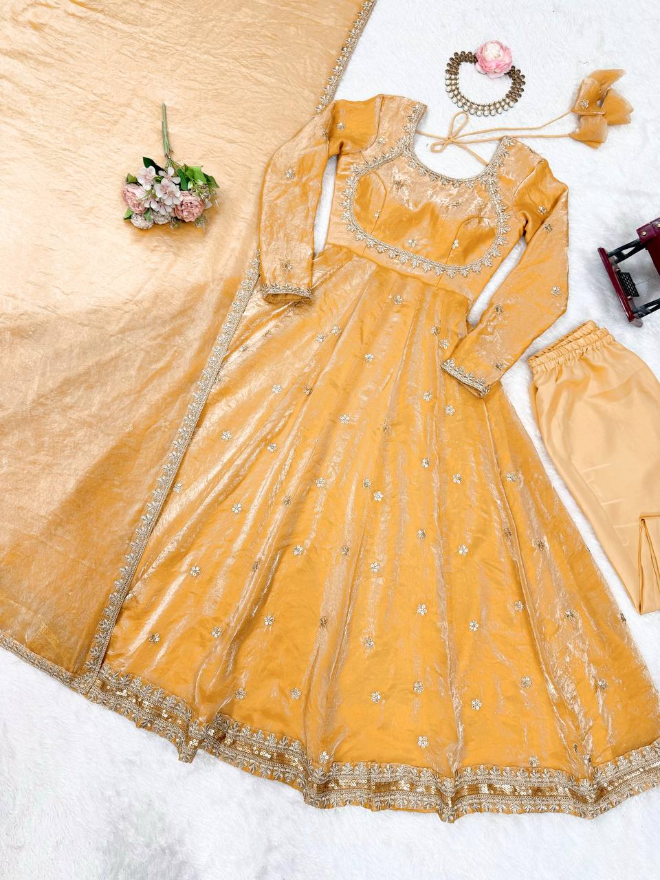 Designer Fandy Silk Embroidered Gown Set with Pant & Dupatta