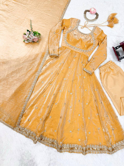 Designer Fandy Silk Embroidered Gown Set with Pant & Dupatta