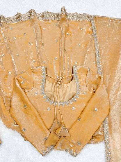 Designer Fandy Silk Embroidered Gown Set with Pant & Dupatta