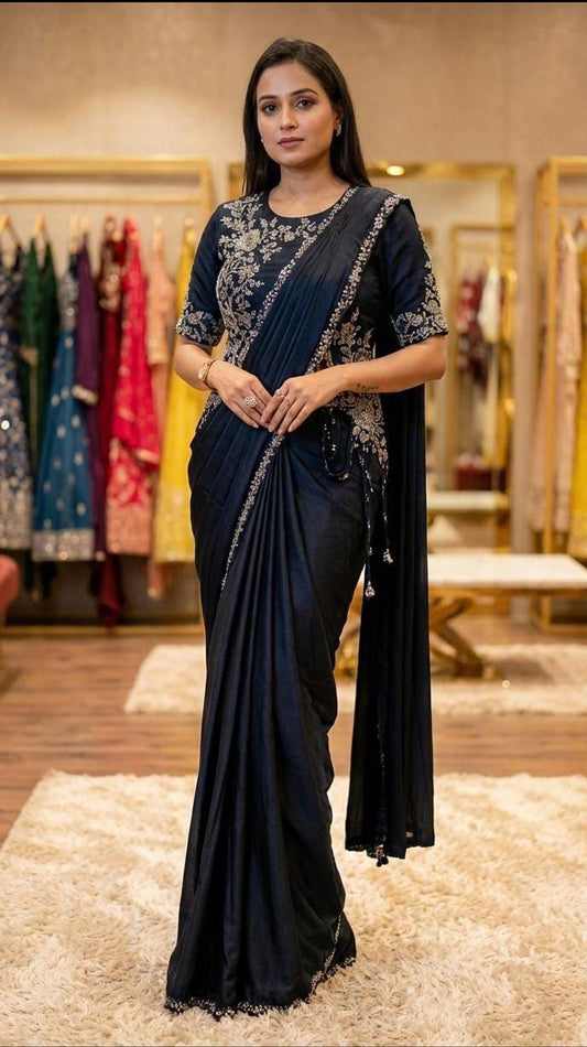 Ready to Wear Chinnon Silk Drape Saree with Sequence Embroidery & Stitched Blouse – Designer Party Wear Festive Saree