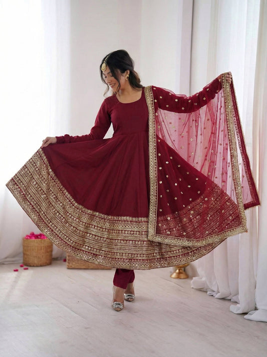 Premium Roman Silk Anarkali Gown Set with Dupatta – Fully Stitched Party Wear Anarkali Suit for Women (Coding Sequence Work)