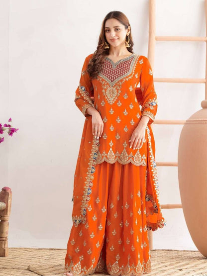 Designer Chinon Silk Embroidered Top, Palazzo & Dupatta Set
