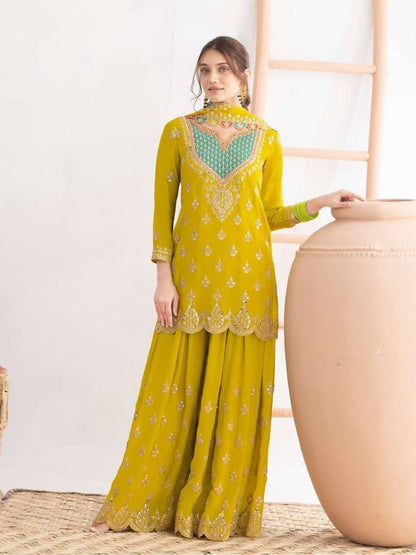 Designer Chinon Silk Embroidered Top, Palazzo & Dupatta Set