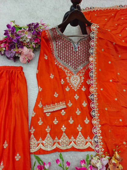 Designer Chinon Silk Embroidered Top, Palazzo & Dupatta Set