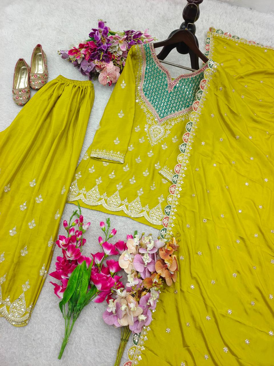 Designer Chinon Silk Embroidered Top, Palazzo & Dupatta Set