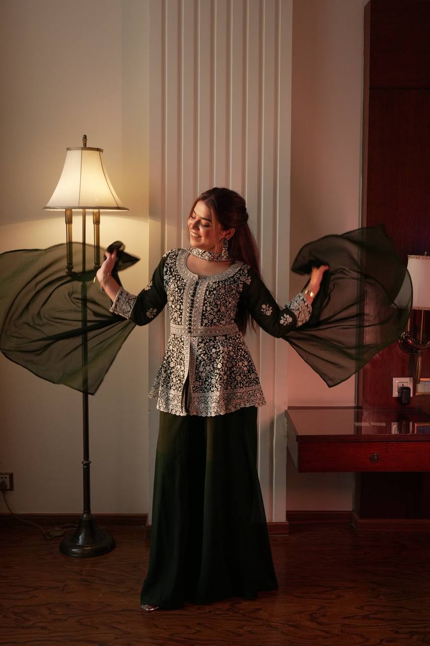 Embroidered Georgette Peplum Top with Palazzo & Dupatta Set | Festive Party Wear Kurti Set for Women