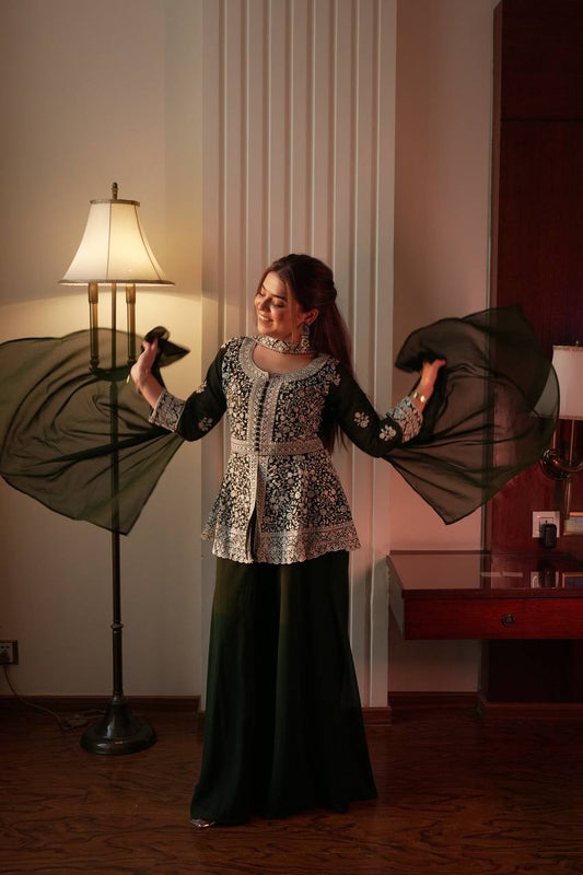 Embroidered Georgette Peplum Top with Palazzo & Dupatta Set | Festive Party Wear Kurti Set for Women
