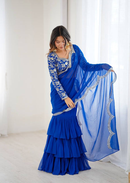 Elegant Faux Georgette Ruffle Saree with Thread & Sequin Embroidery