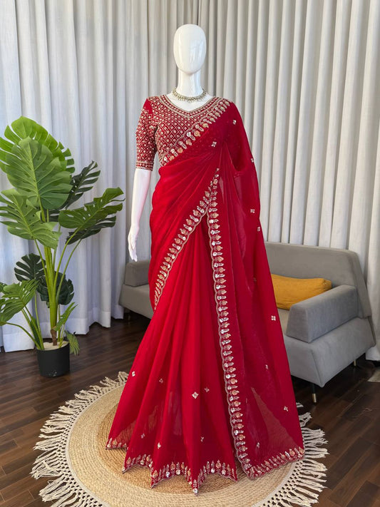 Designer Fendy Silk Saree with Heavy Beads, Thread & Sequence Work – Wedding & Party Wear Saree with Unstitched Blouse
