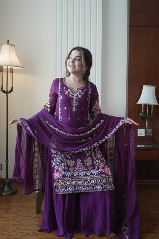 Elegant Fox Georgette Kurti Circular Plazzo Set with Embroidered Dupatta