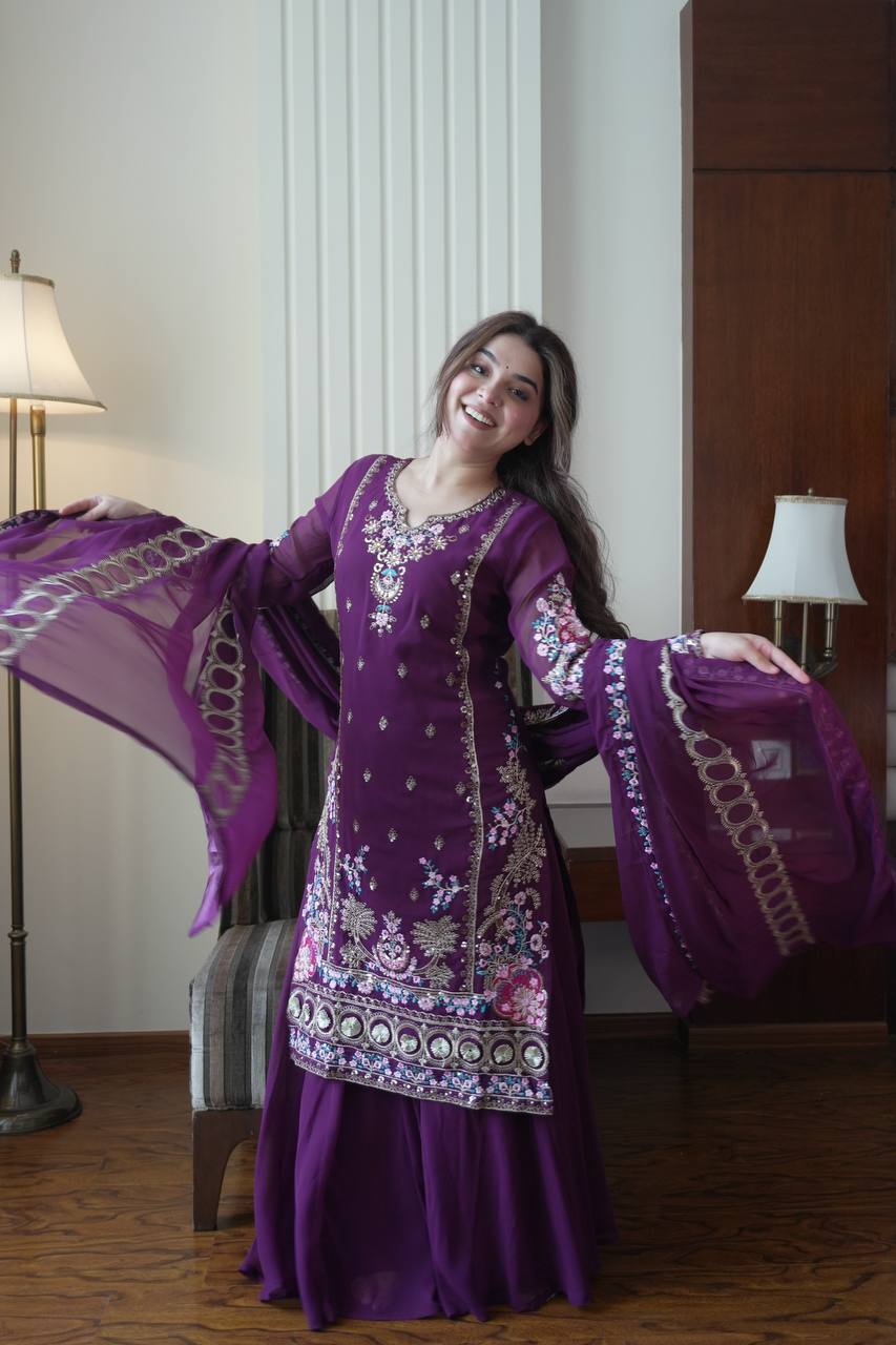 Elegant Fox Georgette Kurti Circular Plazzo Set with Embroidered Dupatta