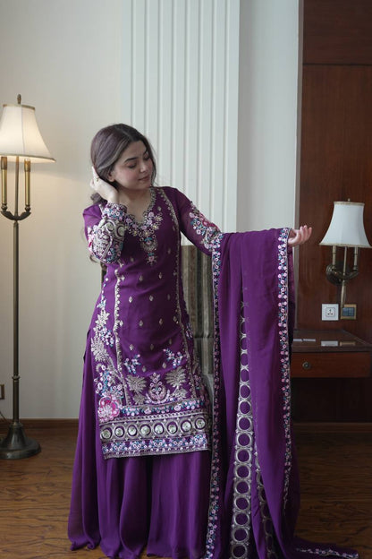 Elegant Fox Georgette Kurti Circular Plazzo Set with Embroidered Dupatta