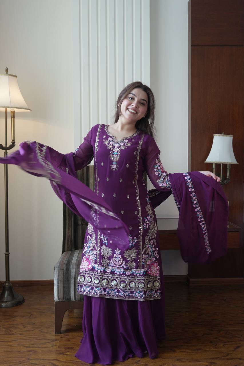 Elegant Fox Georgette Kurti Circular Plazzo Set with Embroidered Dupatta