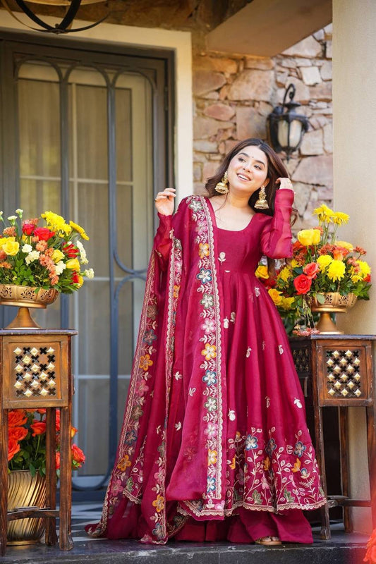 Designer GMY Silk Anarkali Set with Palazzo & Dupatta