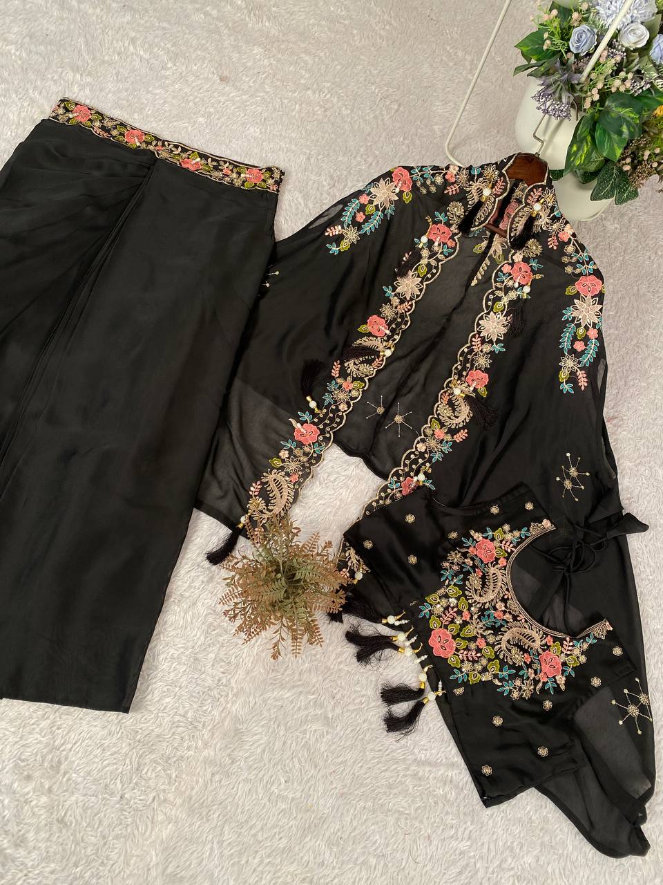 Party & Wedding Special Indo-Western Shrug, Dhoti & Blouse Set