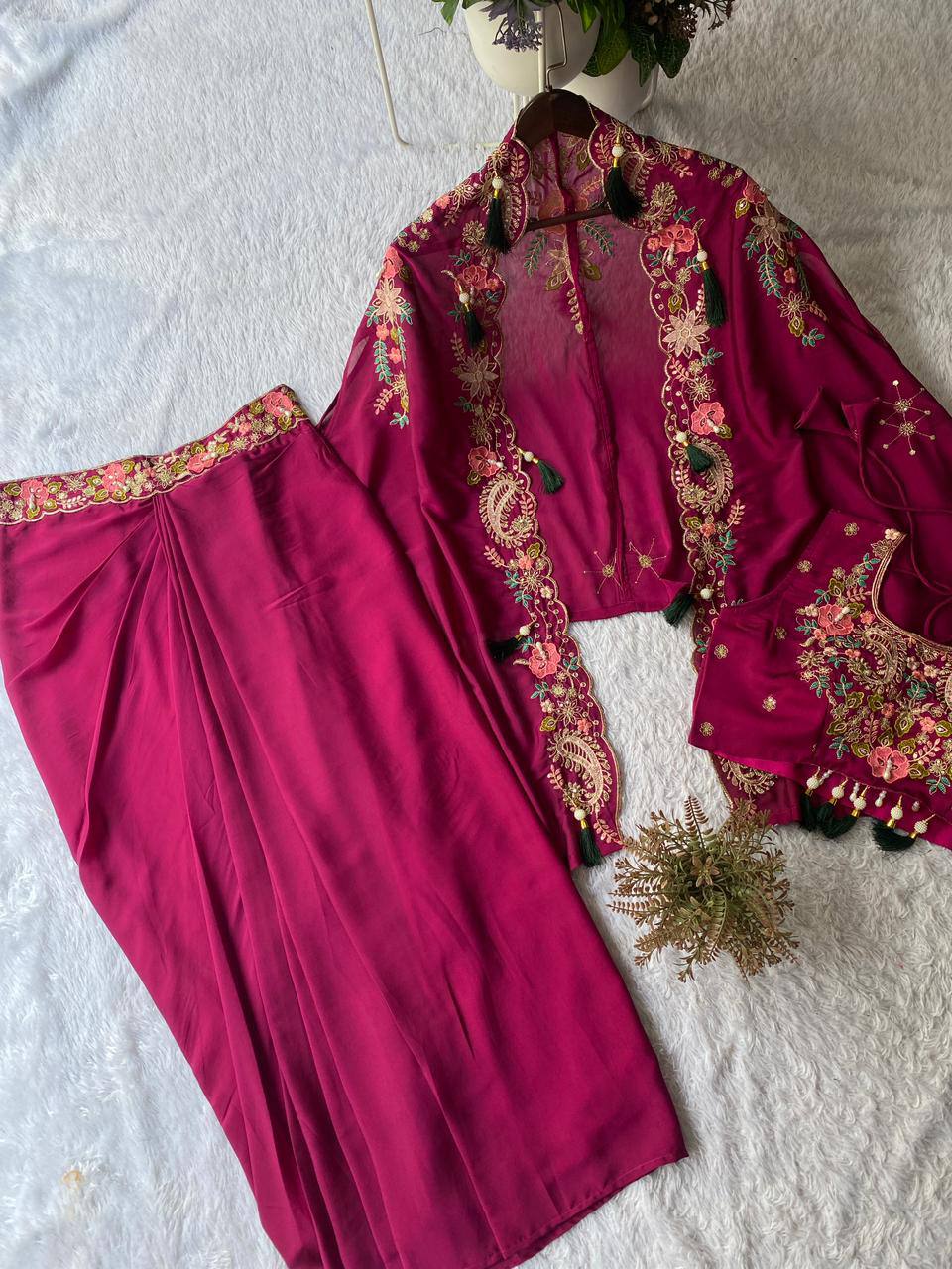 Party & Wedding Special Indo-Western Shrug, Dhoti & Blouse Set