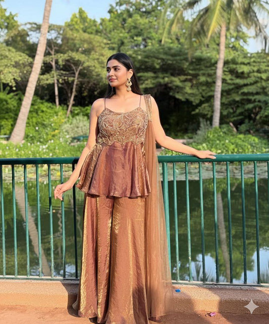 Wedding Season Exclusive Sequin Embroidered Top, Plazzo & Dupatta Set
