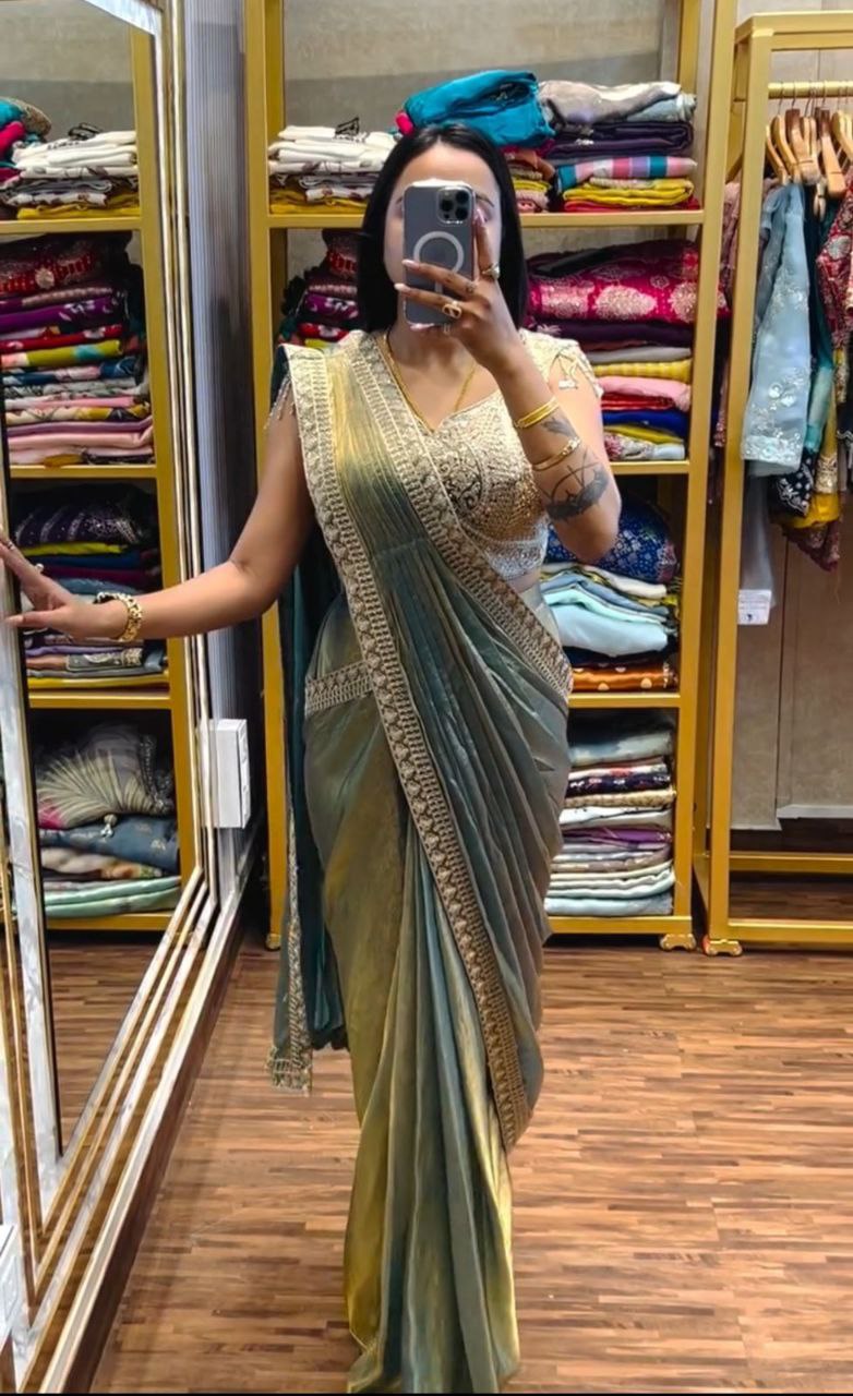 Super Trending Ready-to-Wear Fandy Satin Saree with Embroidered Blouse