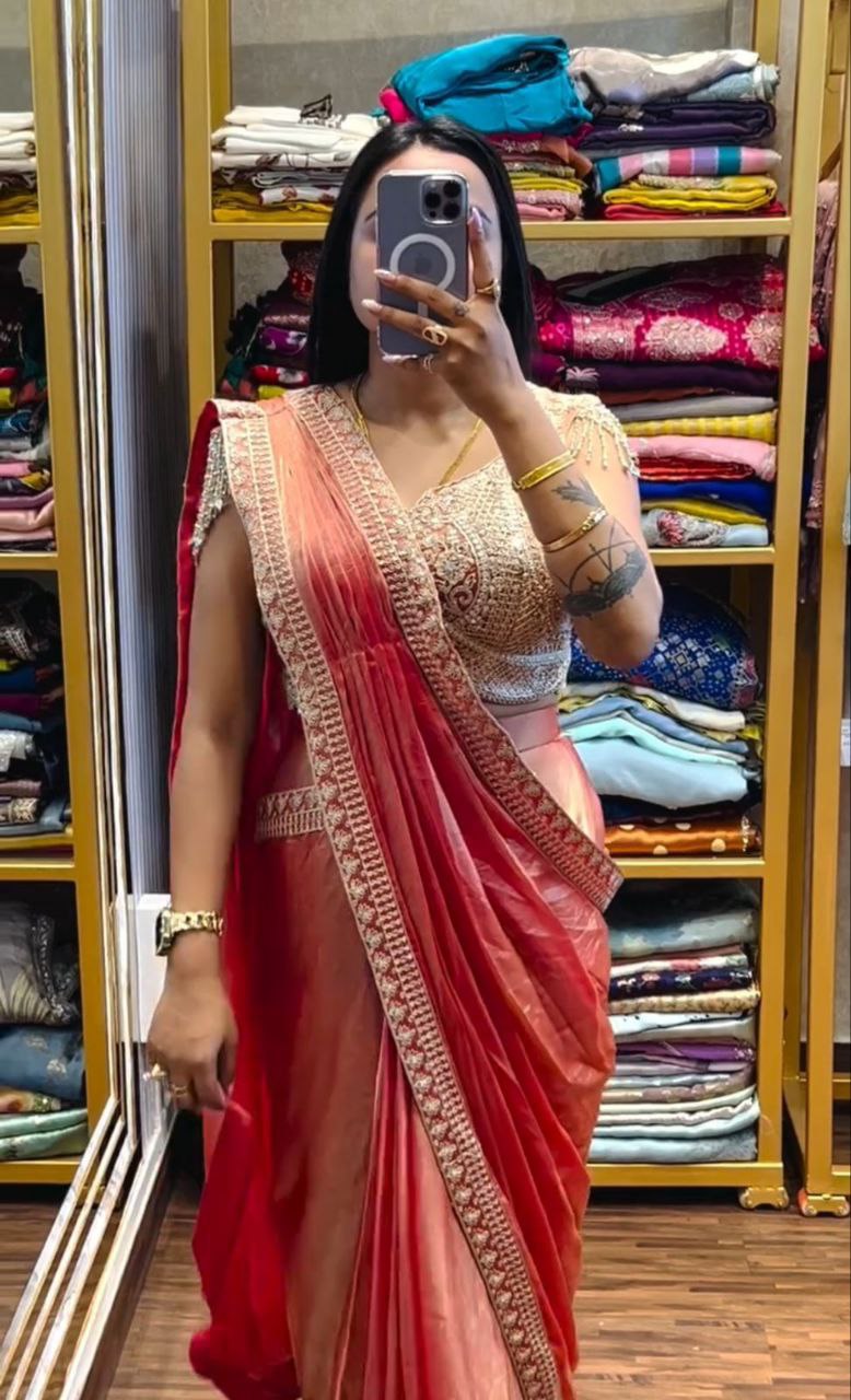 Super Trending Ready-to-Wear Fandy Satin Saree with Embroidered Blouse