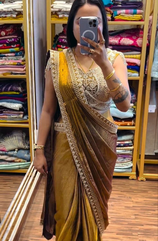 Super Trending Ready-to-Wear Fandy Satin Saree with Embroidered Blouse