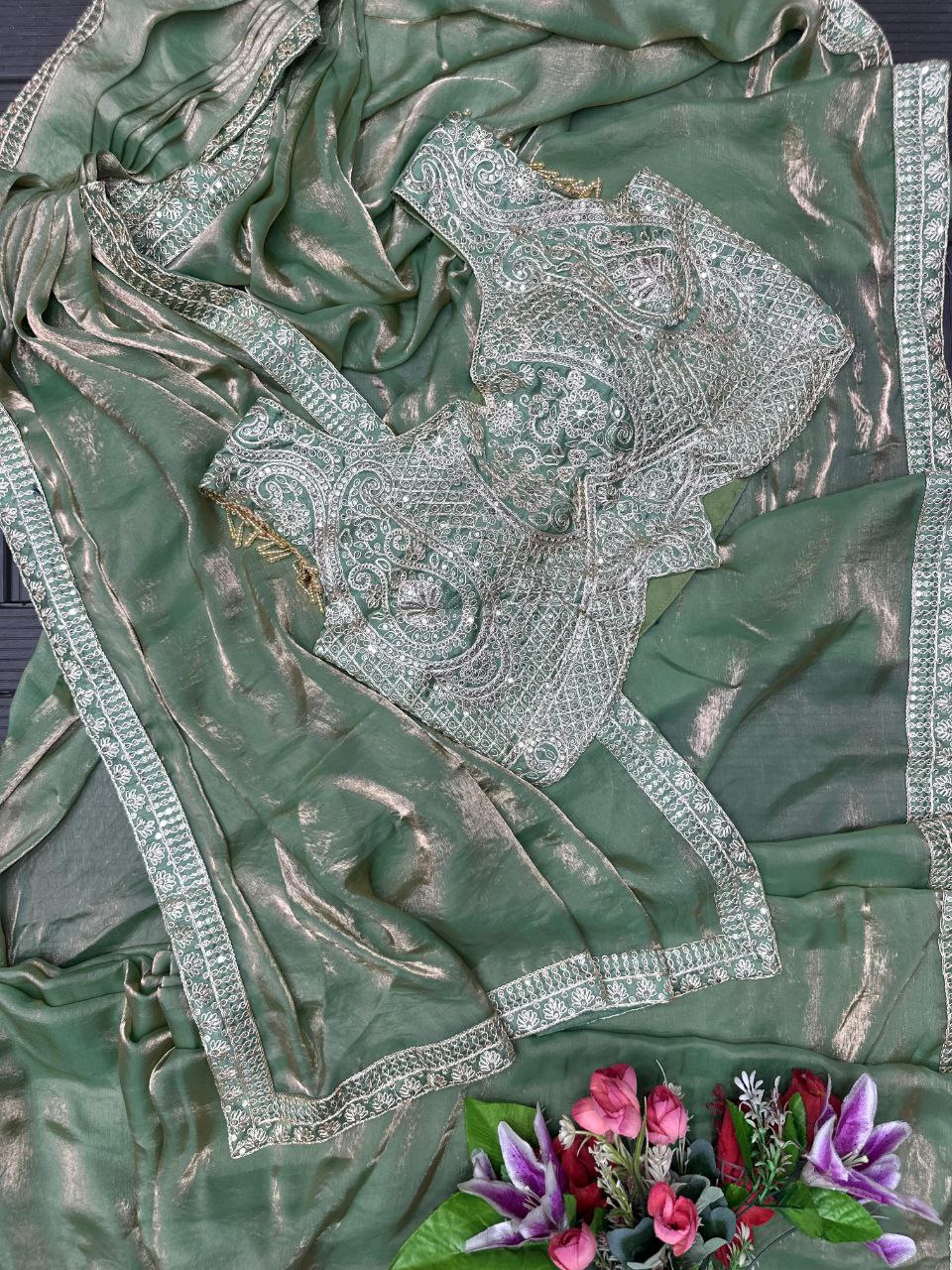 Super Trending Ready-to-Wear Fandy Satin Saree with Embroidered Blouse