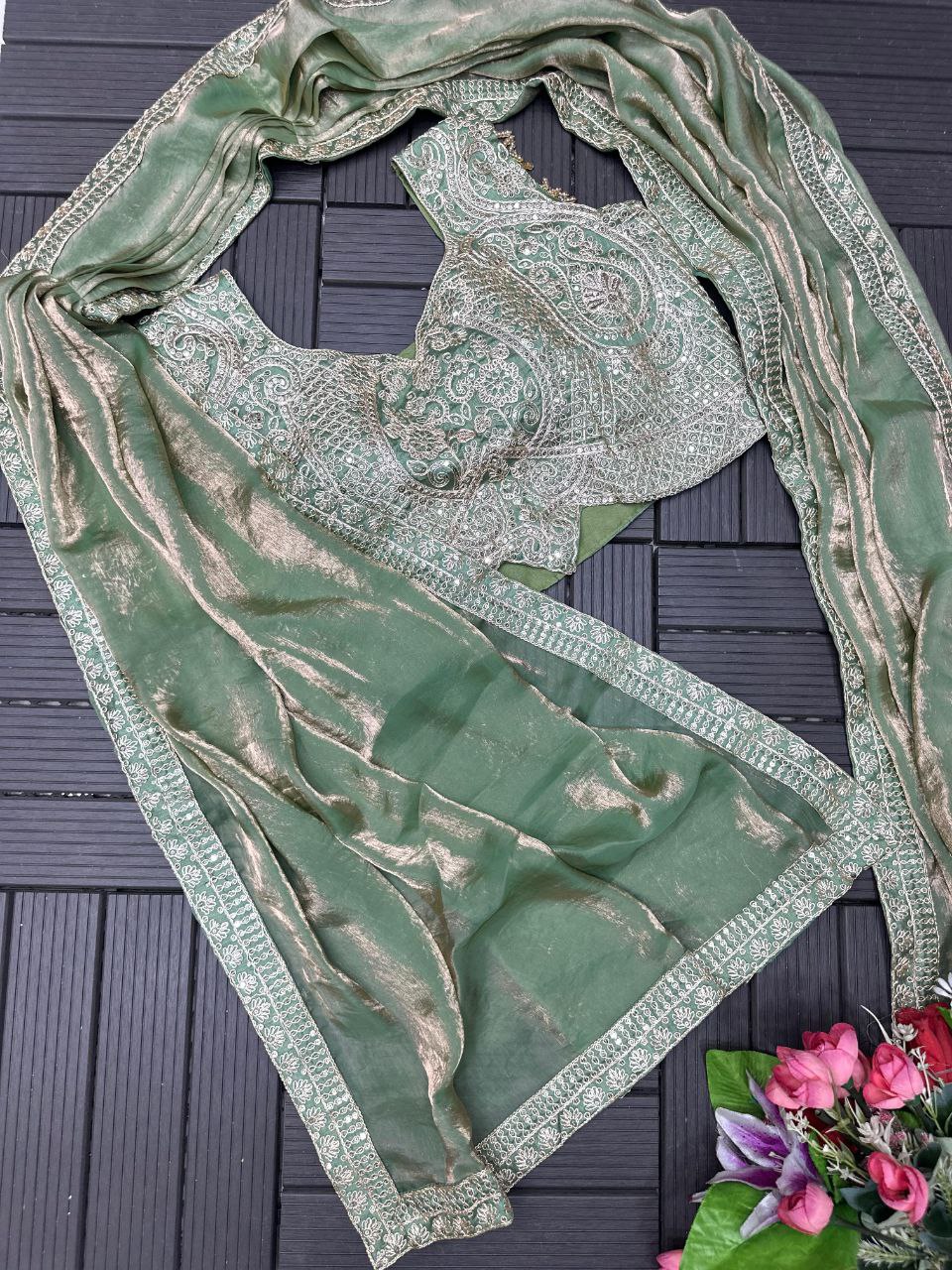 Super Trending Ready-to-Wear Fandy Satin Saree with Embroidered Blouse