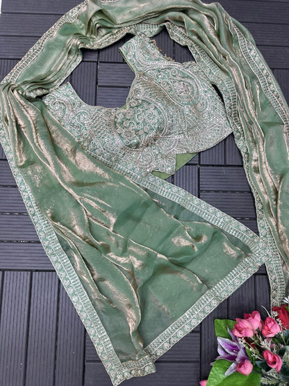 Super Trending Ready-to-Wear Fandy Satin Saree with Embroidered Blouse