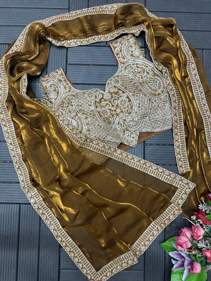 Super Trending Ready-to-Wear Fandy Satin Saree with Embroidered Blouse