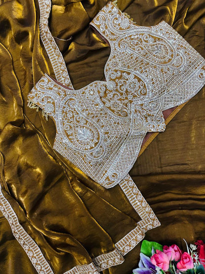 Super Trending Ready-to-Wear Fandy Satin Saree with Embroidered Blouse