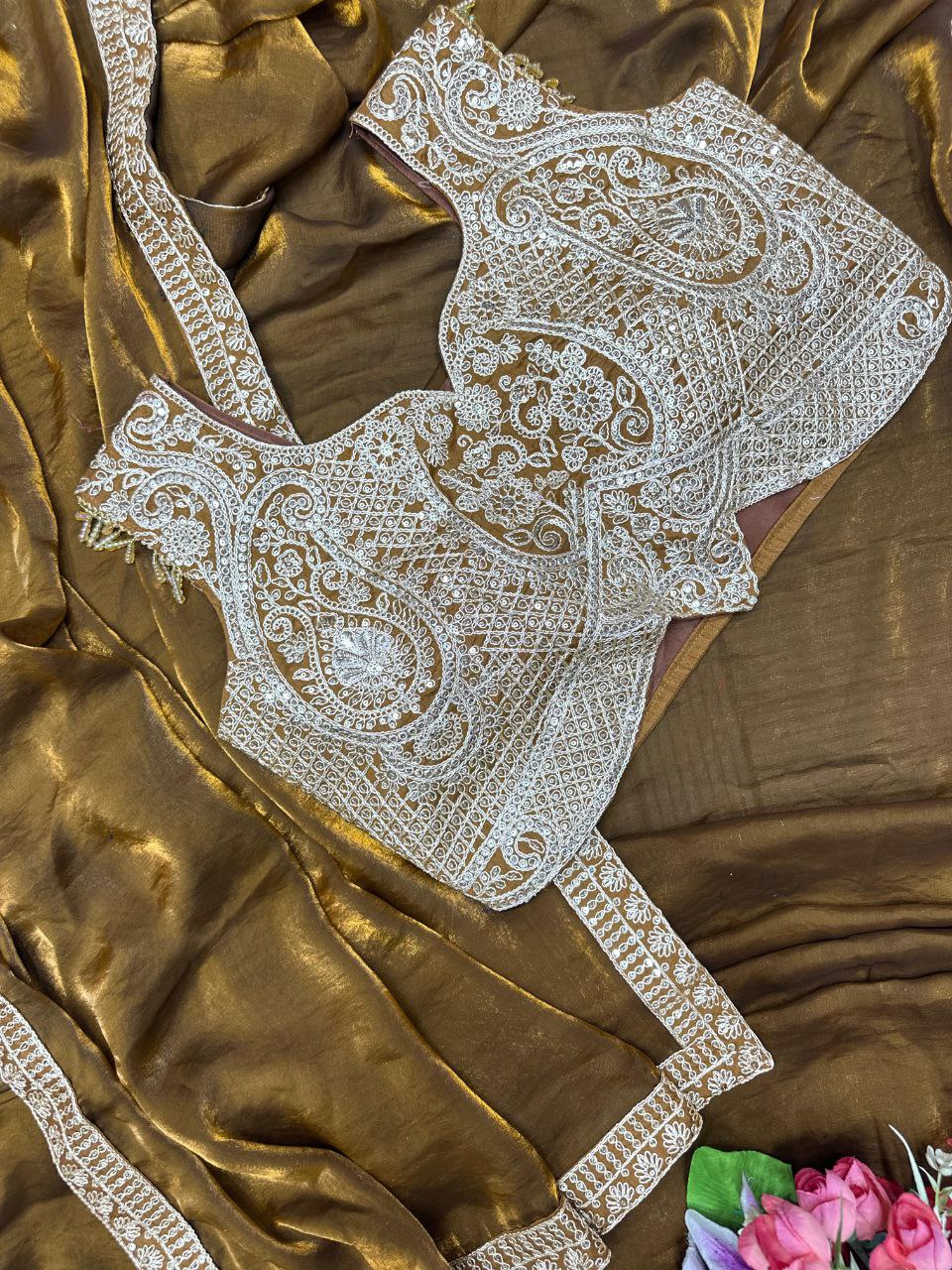 Super Trending Ready-to-Wear Fandy Satin Saree with Embroidered Blouse