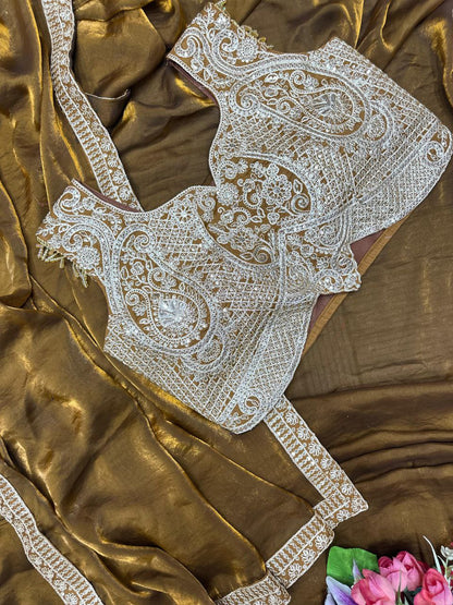 Super Trending Ready-to-Wear Fandy Satin Saree with Embroidered Blouse