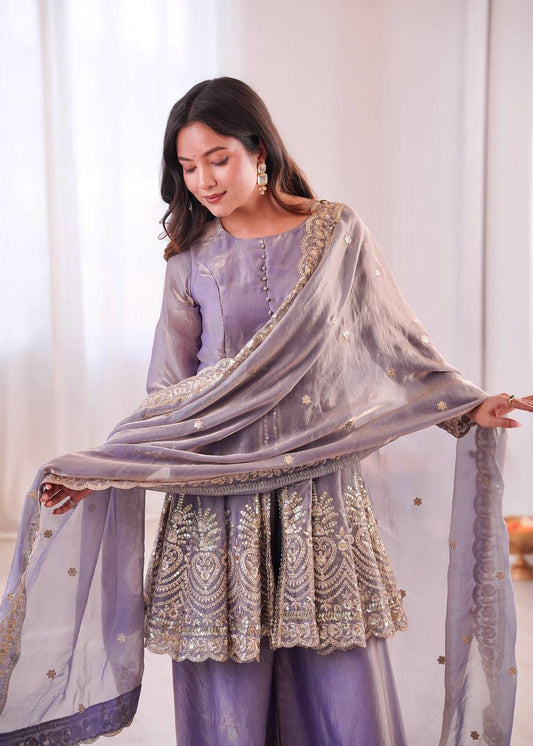 Women’s Heavy Two Tone Fendy Satin Silk Gown Sharara Set with Embroidery Sequins & Real Mirror Work | Wedding & Party Wear Suit