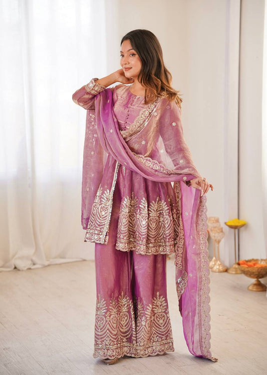 Women’s Heavy Two Tone Fendy Satin Silk Gown Sharara Set with Embroidery Sequins & Real Mirror Work | Wedding & Party Wear Suit