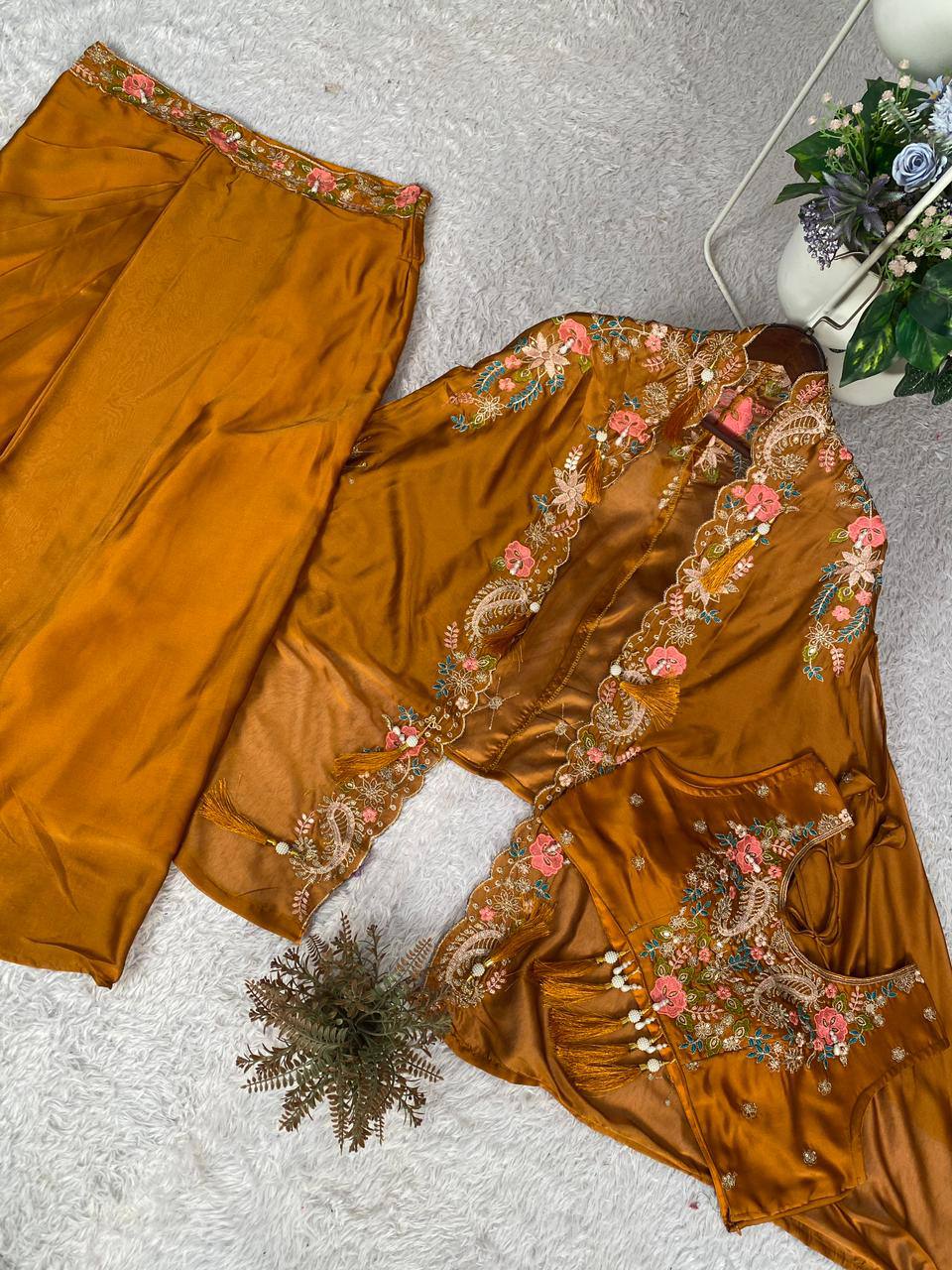 Party & Wedding Special Indo-Western Shrug, Dhoti & Blouse Set