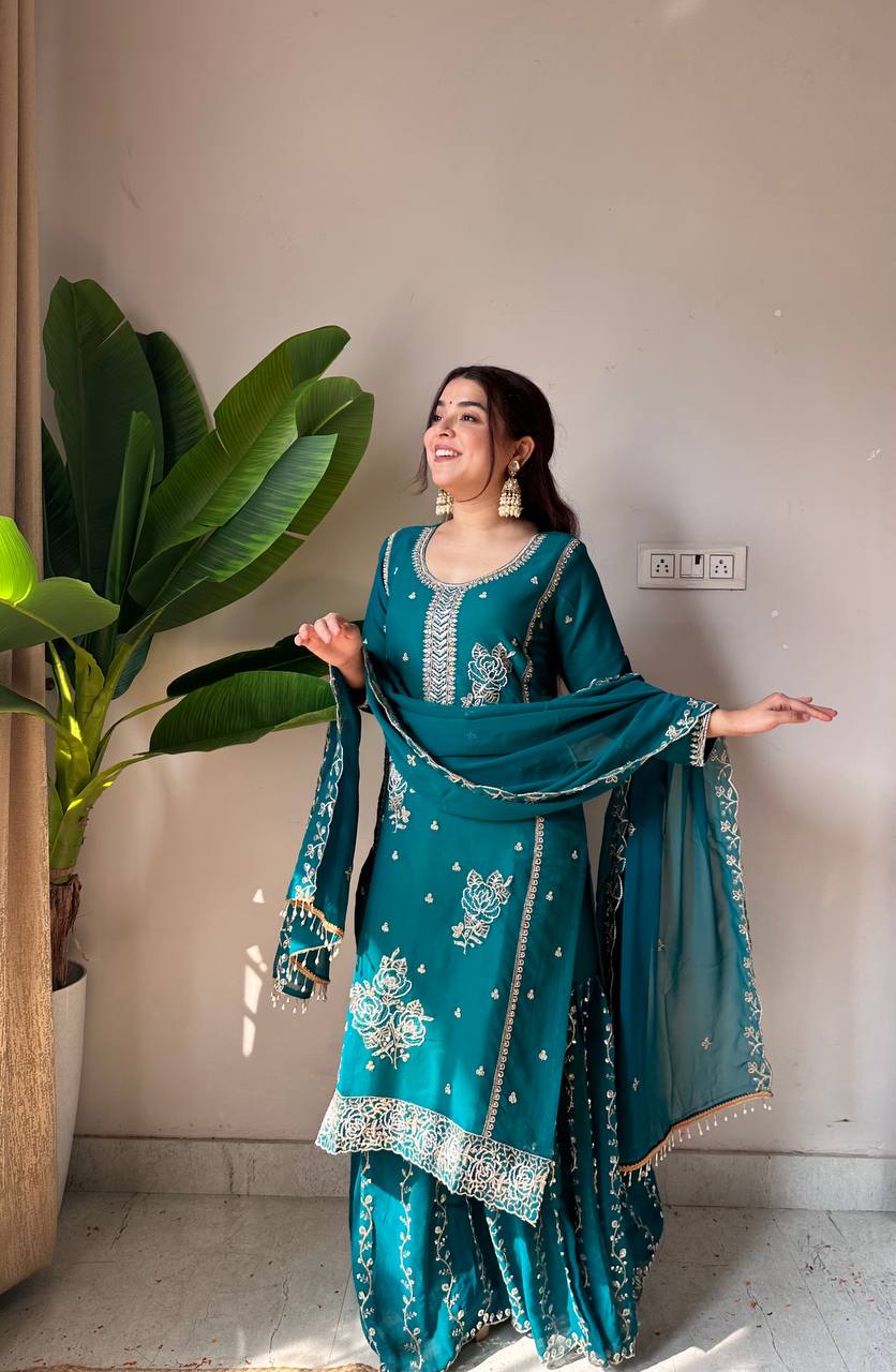 Elegant Fox Georgette Kurti Gharara Set with Sequence Embroidery Work