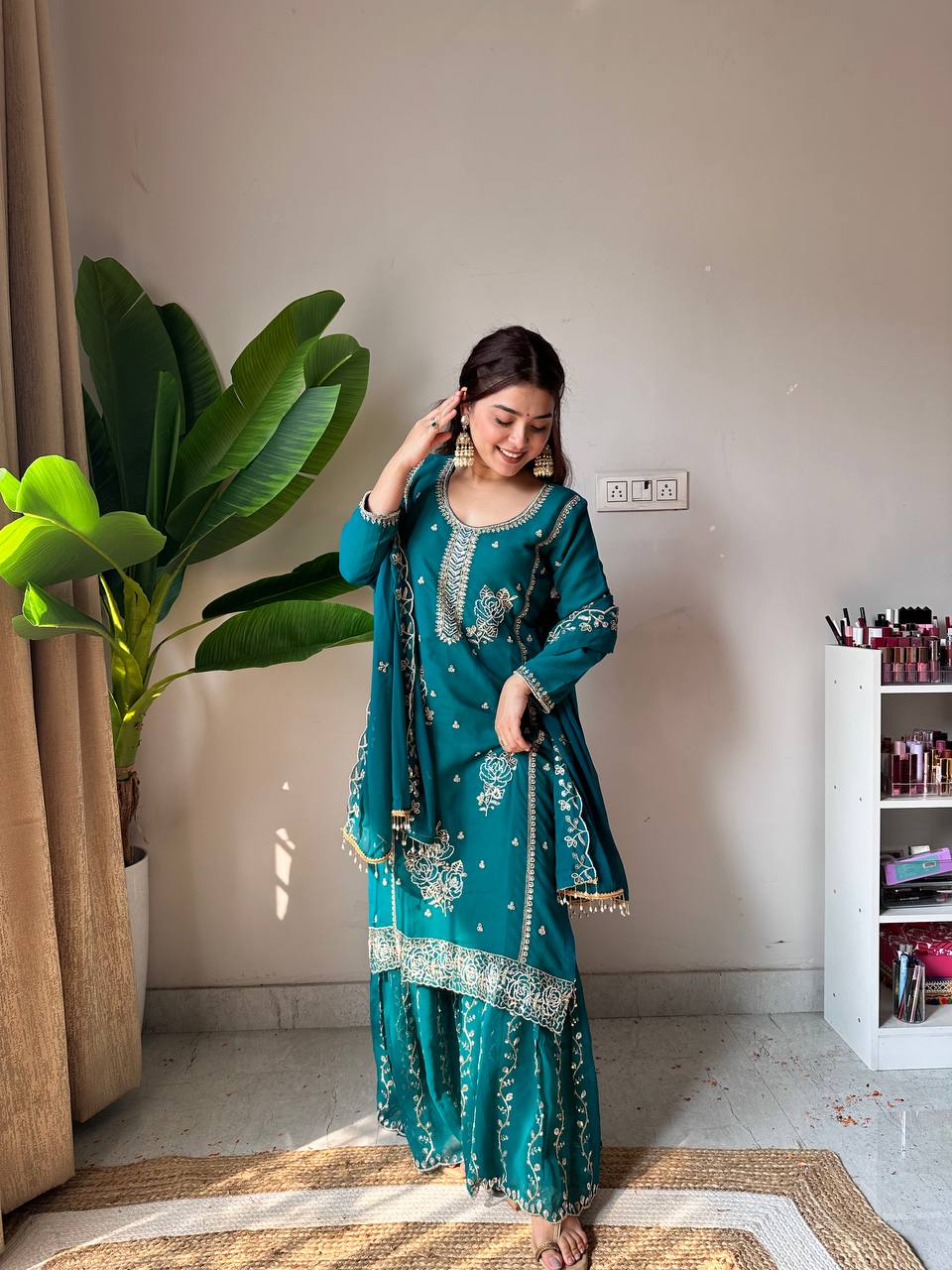 Elegant Fox Georgette Kurti Gharara Set with Sequence Embroidery Work