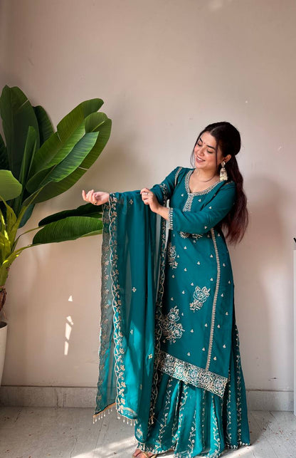 Elegant Fox Georgette Kurti Gharara Set with Sequence Embroidery Work
