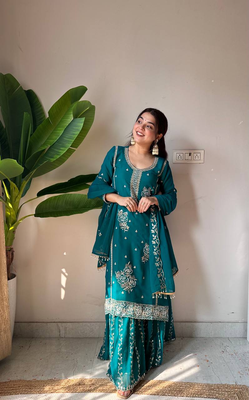 Elegant Fox Georgette Kurti Gharara Set with Sequence Embroidery Work