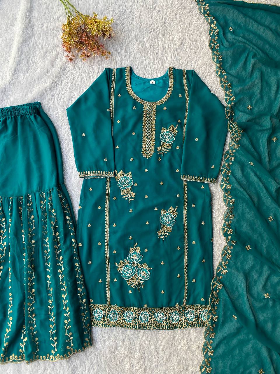 Elegant Fox Georgette Kurti Gharara Set with Sequence Embroidery Work