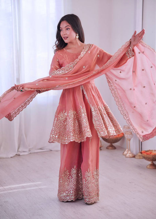 Women’s Heavy Two Tone Fendy Satin Silk Gown Sharara Set with Embroidery Sequins & Real Mirror Work | Wedding & Party Wear Suit