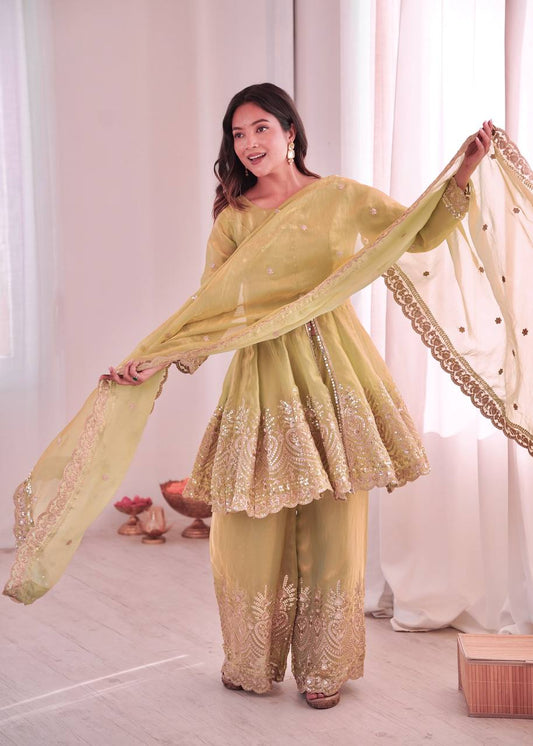 Women’s Heavy Two Tone Fendy Satin Silk Gown Sharara Set with Embroidery Sequins & Real Mirror Work | Wedding & Party Wear Suit