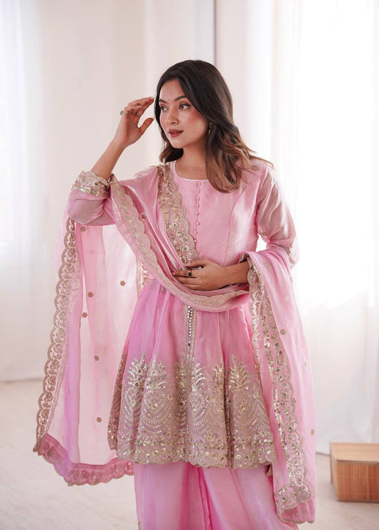 Women’s Heavy Two Tone Fendy Satin Silk Gown Sharara Set with Embroidery Sequins & Real Mirror Work | Wedding & Party Wear Suit