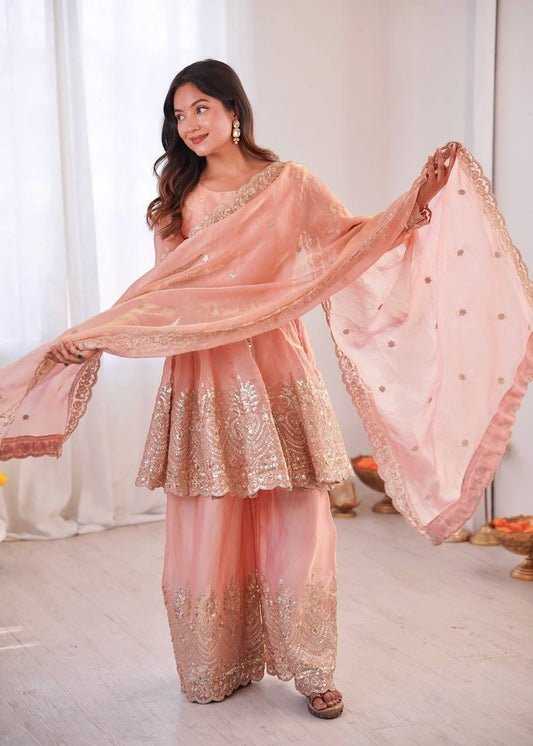 Women’s Heavy Two Tone Fendy Satin Silk Gown Sharara Set with Embroidery Sequins & Real Mirror Work | Wedding & Party Wear Suit