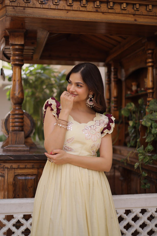 Premium Cotton Designer Gown with Sequins & Multithread Beads Embroidery | 7 Meter Flair Party Wear Ready Made Gown