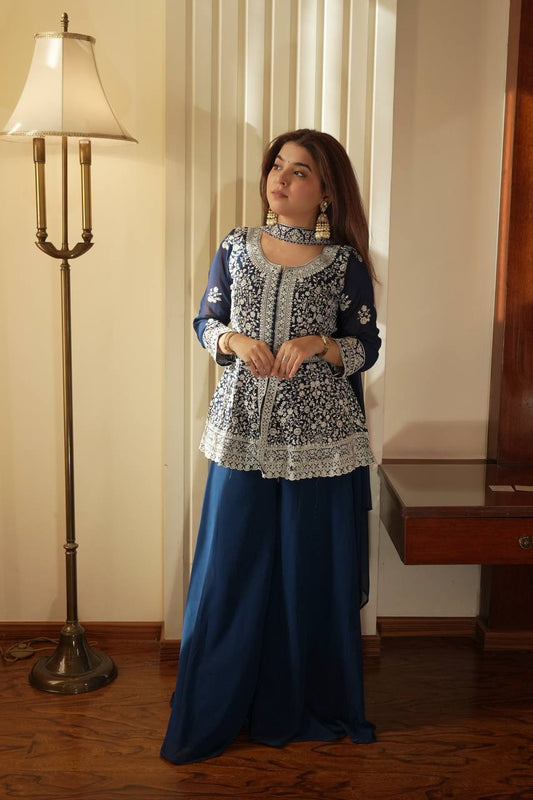 Embroidered Georgette Peplum Top with Palazzo & Dupatta Set | Festive Party Wear Kurti Set for Women