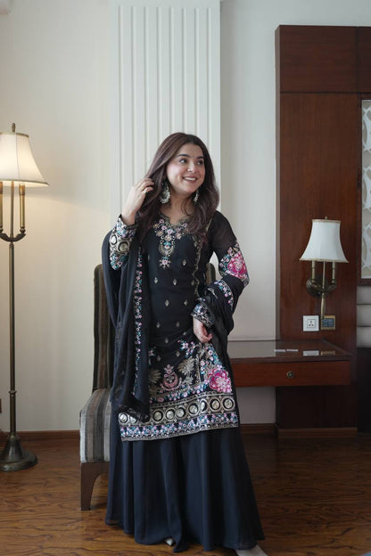Elegant Fox Georgette Kurti Circular Plazzo Set with Embroidered Dupatta