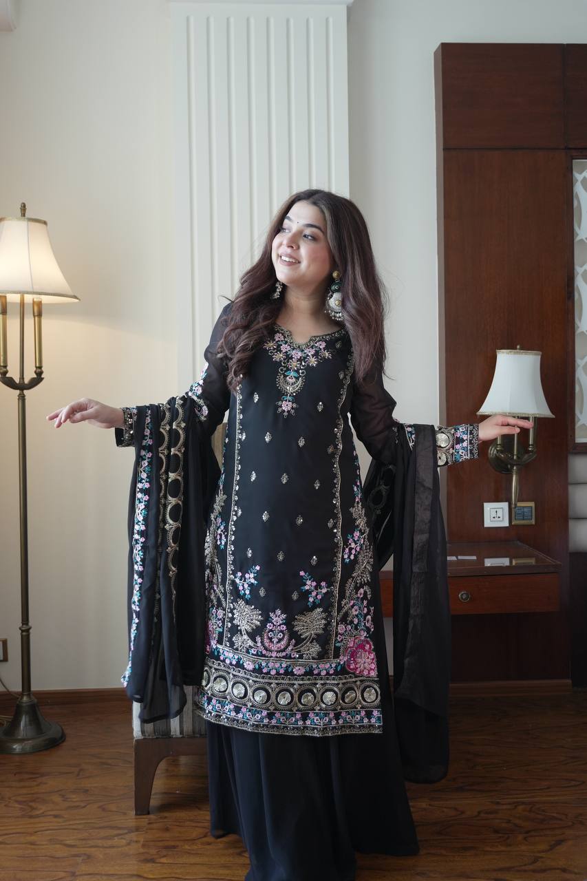 Elegant Fox Georgette Kurti Circular Plazzo Set with Embroidered Dupatta