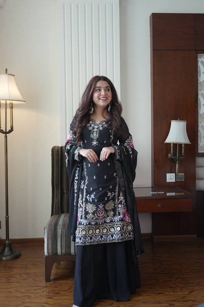 Elegant Fox Georgette Kurti Circular Plazzo Set with Embroidered Dupatta